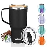 20 oz Insulated Coffee Mug with Ceramic Coating, Stainless Steel Travel Mug Tumbler with Handle Lid and Straw, Double Wall Leak-Proof Thermos Coffee Travel Mug Keeps Drink Hot and Cold (Black)