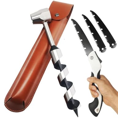 MinliGUY Hand Auger Wood Drill, Upgrade Welds Bushcraft Auger w/ Sharp Scottish Eye, Survival Tools for Bushcraft Projects/ Camping/Outdoors, 1*10inch Settlers Wrench & Folding Saw Kit, Bushcraft Gear