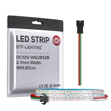 BTF-LIGHTING WS2812B IC RGB 2.7mm Ultra Narrow LED Strip 0807SMD DC12V Individually Addressable 3.2FT 160Pixels/m 160LED Dream Color Tape Light for Home DIY Decoration IP30 (No Adapter or Controller)