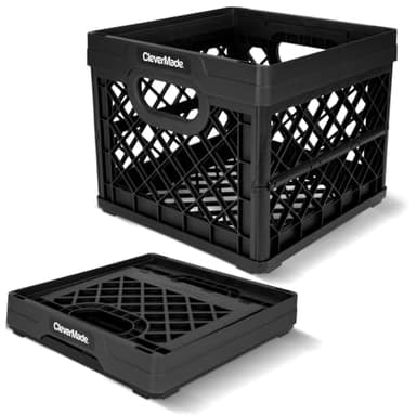 CleverMade Collapsible Milk Crate 25L (6.6 Gal), 50 lb Heavy Duty Folding Crate – Stackable Storage Crates with File Rails, Plastic Collapsible Crates for Storage - Obsidian