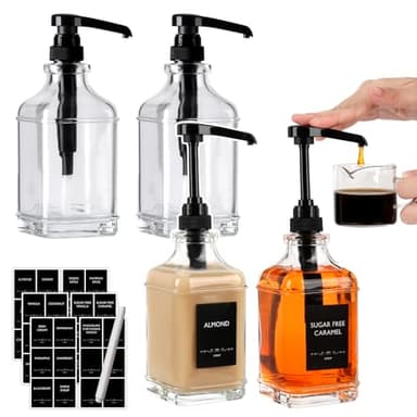 BIGIVACA 4 Pack Coffee Syrup Dispenser 16 oz,Clear Glass Syrup Bottle with 1/4oz Capacity Pump,Syrup Dispenser for Coffee Bar with Plastic Pump
