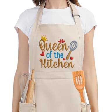 Fairy's Gift Funny Cooking Aprons for Women w/Pockets, Embroidered Cute Baking Aprons, Queen of the Kitchen, Galentines, Valentines Day Birthday Cooking Gifts for Women Baker Mom Wife Girlfriend Chef