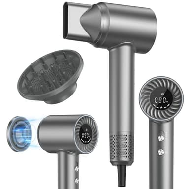 Hair Dryer, 150000 RPM Brushless Motor with 500M Negative Ions, Fast-Dry Lightweight Design, ThermoControl & Magnetic Nozzle/Diffuser, Low Noise Salon Blow Dryer for All Hair, Travel, Home