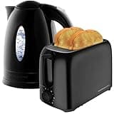 OVENTE Electric Kettle + 2-Slice Toaster Combo, 1.7L Water Boiler with Auto Shut-Off and Boil Dry Protection, Toasting Machine with 6-Shade Settings and Removable Crumb Tray, Black KP72B + TP2210B