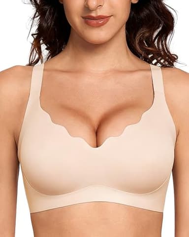 Gailife Scalloped Lift Bras for Women Soft Push Up Wireless Bra Supportive V Neck No Underwire Seamless Tshirt Bralettes, Skin, L