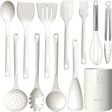 Silicone Cooking Utensils Set - 600°F Heat Resistant, Nonstick Kitchen Utensil Set with Spatulas, Spoons, Whisk, Tongs, BPA Free, Dishwasher Safe, Cream White