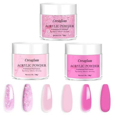 Creaglam Acrylic Powder Large Capacity: 3Pcs 1 Oz. Orchid Glitter Super Nail Polymer for 3D Art Carving French Extension - 28g Pink-a-boo Phlox Pink Professional Acrylic Powder No Need Lamp