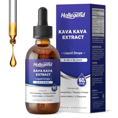 HOLLEGEND Kava Kava Root Extract Liquid Drops, 5 in 1 Blend with Ashwagandha, Lemon Balm, L-Theanine, Kava Tincture Supplement for Stress Relief, Sleep, Brain Health, 2 Fl Oz