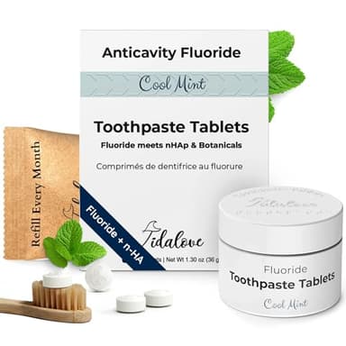 Tidalove Fluoride Toothpaste Tablets with nHAp, Vegan Enamel Care, Reusable Tin, Cool Mint, 62 Tablets