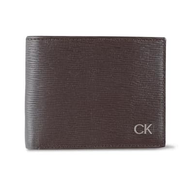 Calvin Klein Mens RFID Leather Minimalist Bifold Wallet With ID Window Brown River Print
