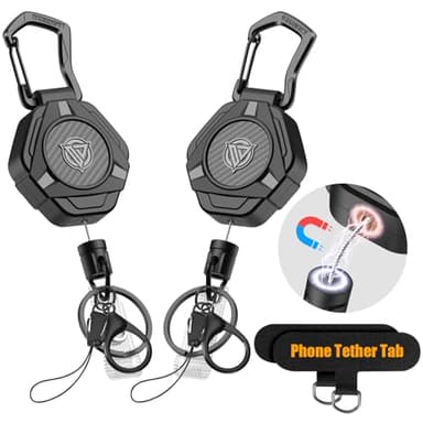 Oaridey Magnetic Retractable Keychain, Heavy Duty Carabiner Badge Holder with Phone Tether Tabs, Tactical ID Badge Reel with 31.8'' Coated Steel Cord and Lobster Clasp, Bearing 10.0 oz - 2 Pack