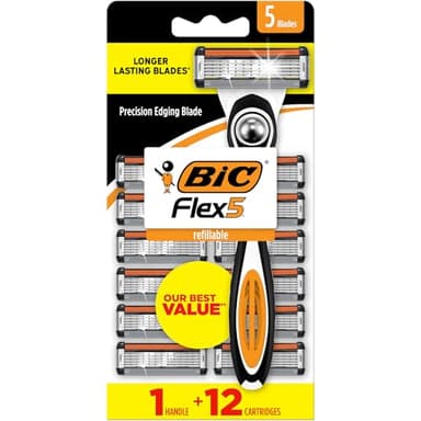 BIC Flex 5 Refillable Razors for Men, Long-Lasting 5 Blade Razors for a Smooth and Comfortable Shave, 1 Handle and 12 Cartridges, 13 Piece Shaving Kit
