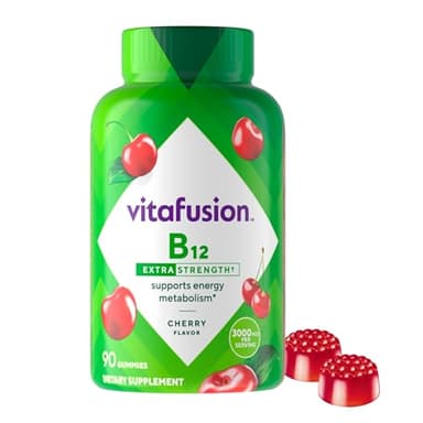 vitafusion Extra Strength Vitamin B12 Gummies, Supports Energy Metabolism and Nervous System Health Support, Gummy Vitamin Supplement for Women and Men, Cherry Flavor, 45 Day Supply, 90 Count