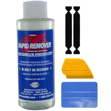 Rapid Remover Adhesive Remover 4oz for Quick and Non-Damaging Adhesive Removal, Ideal for Glass, Fiberglass, Vinyl, and Painted Surfaces, Includes Blue Squeegee, 2 Felts, and Yellow Detailer.