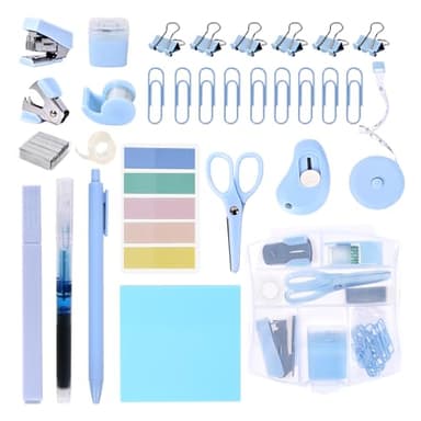 Mini Office Supply Kit, Blue Stapler with Staples and Tape Dispenser Set, Mini Stationary Kit Includes Sticky Notes Index Tabs Highlighters Gel Pens for Office & School (Blue)