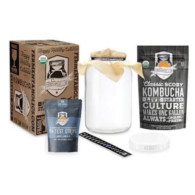 Kombucha Essentials Kit - Includes USDA Organic Kombucha SCOBY + 1-Gallon Glass Fermenting Jar with Breathable Cover + pH Strips + Rubber Band + Adhesive Thermometer - Brew kombucha at Home