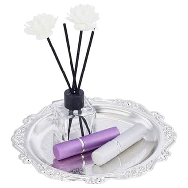 PH PandaHall 7.8" Silver Tray Jewellery Display Tray Serving Tray Decorative Round Platter Vintage Style Candle Tray Dispenser for Wedding Party Home Kitchen Centerpiece Display Perfume Organizer