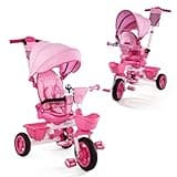 EOOWOY Baby Trike, 6-in-1 Kids Tricycle with Adjustable Push Handle, Removable Canopy, Safety Harness for 18 Months - 5 Year Old(Pink)