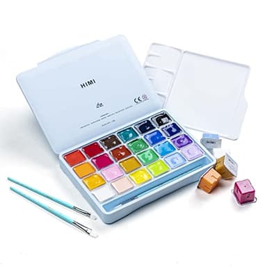 HIMI Gouache Paints set with 3 Paint Brushes, 24 Colors, 30g, Jelly Cup Design, Non Toxic Paint for Canvas and Paper, Art Supplies for Professionals (Ice Blue Case)