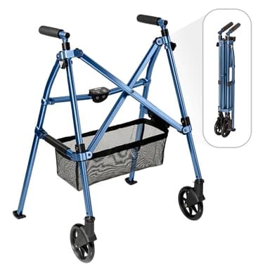 Stander Wonder Walker Plus, Lightweight Folding Mobility Aid for Adults, Seniors, and Elderly, Collapsible Travel EZ Fold-N-Go with Wheels, Glides, & Basket, Cobalt Blue
