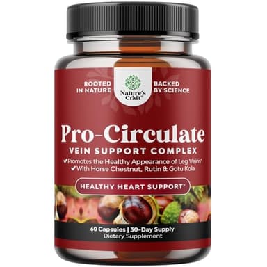 Natures Craft Vein Support Supplements Leg and Veins - Full Body Circulation Supplement for Spider & Varicose Veins and Improved Flow with Horse Chestnut Extract - Vegan Non-GMO Capsules - 60 Count