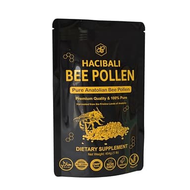 HACIBALI Organic Bee Pollen Granules – 1 lb (454g) – Raw & Natural – EU & USDA Organic Certified – Halal, Kosher, GMP, ISO 22000 – Premium Anatolian Bee Pollen Superfood