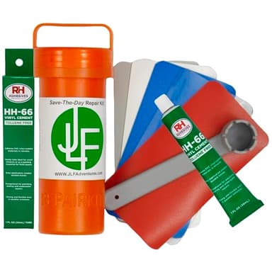 JLF Repair Kit with HH-66 Vinyl Cement Glue for Inflatable Stand Up Paddle Boards (SUP) Includes 3" x 6" Red, White, Blue, Clear, Grey PVC, 5 Patches and 6 Prong Valve Wrench