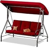 Porch Swing - 3-Seat Patio Outdoor Swing with Canopy for Adultes, Convertible Glider Bed, Thick Removable Cushions & Pillows for Backyard, Porch, Garden - Burgundy