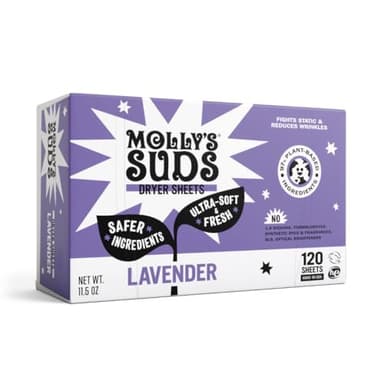 Molly's Suds Fabric Softener Dryer Sheets for Sensitive Skin | Plant-Based Static Reducer, Plastic-Free Packaging | Lavender (120 Sheets)