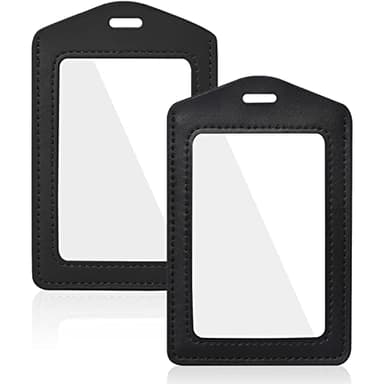2 Pcs Genuine Leather ID Badge Holder Vertical Double-Side Clear Card Holder Waterproof Name Badge Holder for Office, Staff, Students, Employees(Black&Black)