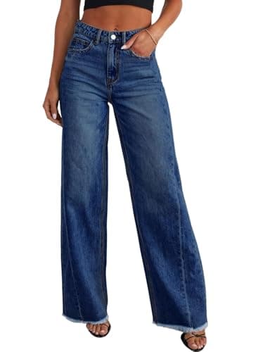 Sidefeel Women's High Waisted Mom Jeans Strechy Raw Hem Straight Leg Denim Pants Size 12 Deep Blue