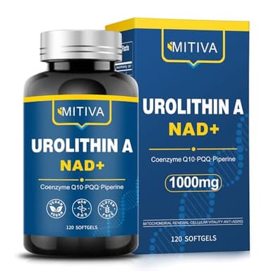 MITIVA Urolithin A Supplement with NAD+, CoQ10 & PQQ – Antioxidants and Mitochondrial Support for Vitality and Healthy Aging – Focus & Muscle Recovery for Men and Women – 120 Softgels
