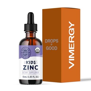 VIMERGY Kids USDA Organic Liquid Zinc Sulfate – for Children & Adolescence 1-18 Years Old, Fast-Absorbing Immune Support* – Promotes Healthy Bones, Hair & Skin. Kosher, Vegan, Non-GMO – 55 mL
