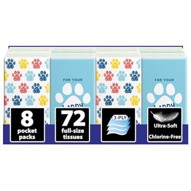 Travel Tissue Packs – 8 Compact 3-Ply Packs (72 Total), Soft Chlorine-Free Facial Tissues for Purse, Car, or School, Gentle & Durable, Non-Bleach, Playful Dog Design
