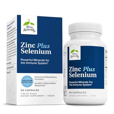 Terry Naturally Zinc Plus Selenium - Immune & Respiratory Health Supplement - Mineral Supplement with Zinc Bisglycinate Chelate - Formula with Selenium for Cellular Health Support - 60 Capsules