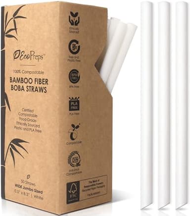 EcoPreps Biodegradable Jumbo Smoothie Straws, Bamboo Fiber Boba Straws - 50 PCS, Extra Wide, 100% Compostable, Plastic-Free, Eco-Friendly Large Wide-Mouthed Straw - 8.25" Long Bamboo Disposable Straw