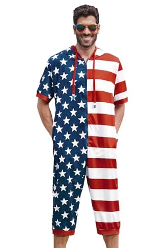 Mainfini Men 4th of July Patchwork Onesie Funny American One Piece Romper Baggy Quick Dry Star And Flag Clothing XXL