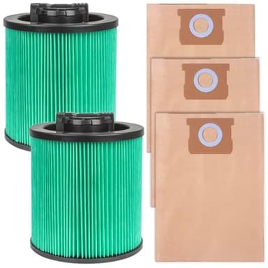 2 Pack DXVC6914 Premium HEPA Cartridge Vaccum Filter Compatible with DEWALT 9-16 Gallon Wet/Dry Vacuum, with 3 Pack DXVA19-4101 High Efficiency Replacement Filter Bags for DEWALT