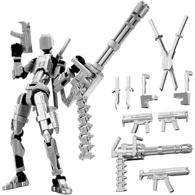 Gatling Gun T13 Titan 13 Action Figure Set【Assembled】, Robot Action Figure 3D Printed robo 13 Action Fidget Toys Dummy Figure Articulated, Lucky 13 for Collectors Desktop Decorations (Silver-Black)