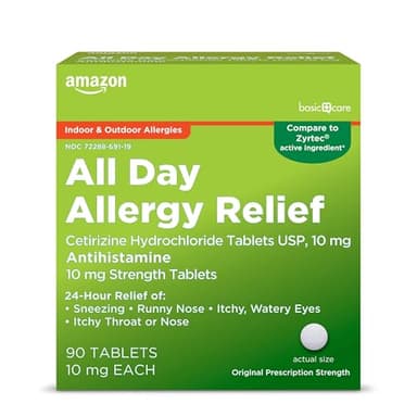 Amazon Basic Care All Day Allergy, Cetirizine Hydrochloride Tablets, 10 mg, Antihistamine, 90 Count