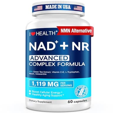 NAD Supplement 1119 mg with NR | Advanced Complex | NMN Alternative | Green Tea Extract + Astaxanthin | Anti-Aging Cellular Energy Support | 60 Capsules, Made in USA