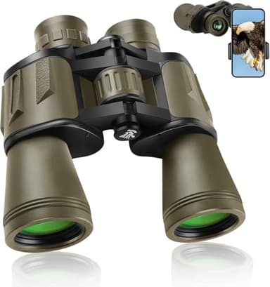 20x50 Binoculars for Adults High Powered, Military Compact HD Waterproof Binoculars with Low Light Vision for Bird Watching Travel Hunting Football Games Stargazing with Carrying Case and Strap(Mud)