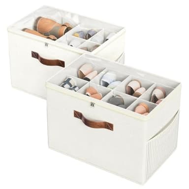 Budding Joy 2 Pack Shoe Organizer for Closet, Clear Foldable Shoe Storage Containers Adjustable Dividers Fits 16 Pairs,Shoe Storage Bins Baskets Boxes with Reinforced Handles Beige