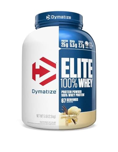 Dymatize Elite 100% Whey Protein Powder, Vanilla, 25g of Protein, 5.5g BCAAs, Less Than 140 Cal., Gluten Free, 2g Carb, 2g Sugar, 3g Fat (67 Servings)