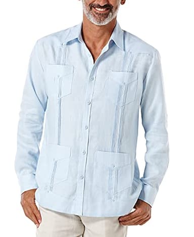 Cubavera Men's 100% Linen Four-Pocket Long Sleeve Button-Down Guayabera Shirt (Available in Big & Tall), Cashmere Blue, Small