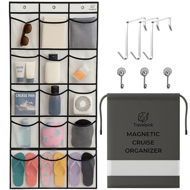 Travelpick Magnetic Cruise Door Organizer, 15 Large Pockets Over The Door Shoe Organizer for Cruise Ship Cabins, 40 LB Magnetic Hooks, Foldable with Carry Bag - Cruise Essentials 2026