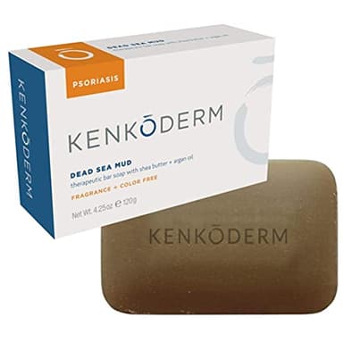 Kenkoderm Psoriasis Dead Sea Mud Soap with Argan Oil & Shea Butter, Natural Exfoliating Body & Face Cleanser for Sensitive Skin, Fragrance & Color-Free, 4.25 Ounce, 1 Bar
