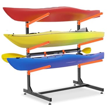 UOKRR 3 Kayak Storage Rack, Freestanding Kayak Racks for Garage, Heavy Duty Adjustable Kayak Stand Indoor Outdoor Storage Rack for Kayaks, Canoes, Surfboard & Paddleboard (3 Levels with paddle hook)