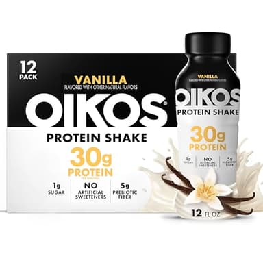 Oikos Protein Shake, Vanilla, 30g High Protein Drinks, Shelf Stable, Ready to Drink, 5g Prebiotic Fiber, 12 fl oz Bottle, 12 Count​