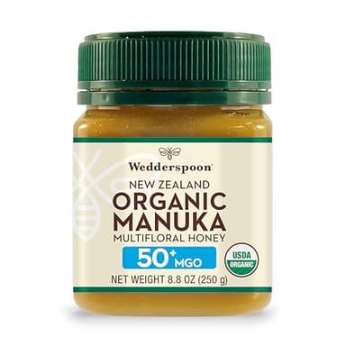 Wedderspoon Organic Raw Manuka Honey 50+ MGO, 8.8 Oz, Unpasteurized New Zealand Honey, Non-GMO, BPA-Free Jar, Superfood & Natural Wellness Support
